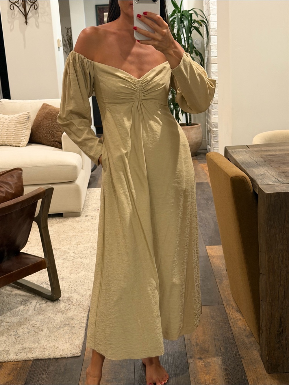 A.L.C. Off-Shoulder Long Sleeve Maxi Dress in Light Beige